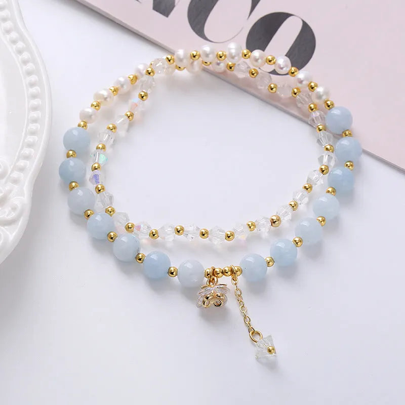 Freshwater pearl and crystal double ring bracelet in strawberry quartz, amethyst, or aquamarine
