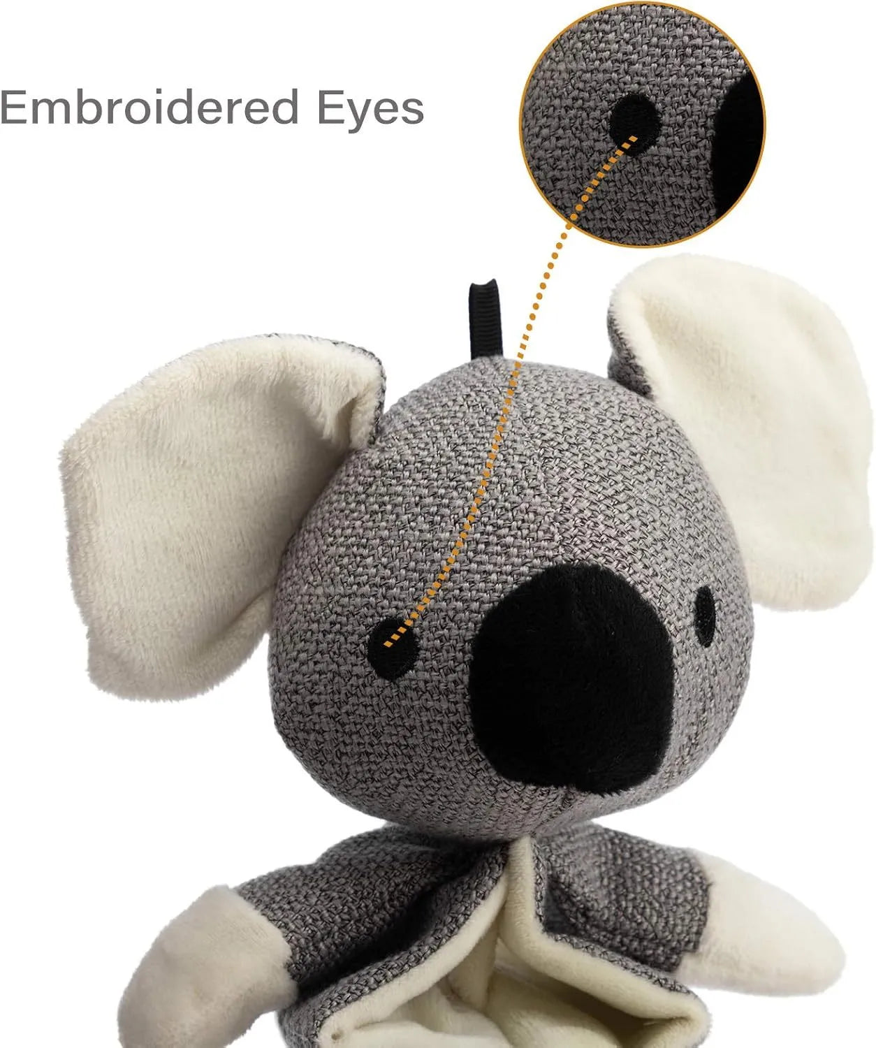 Gray koala-shaped dog toy measuring 30cm with crinkle paper inside and rope reinforcement for durability