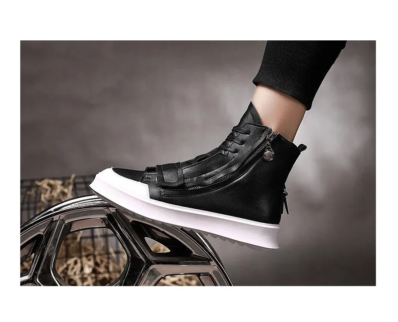 PU leather men's winter ankle boots with microfiber upper in black and white, high-top sneaker style