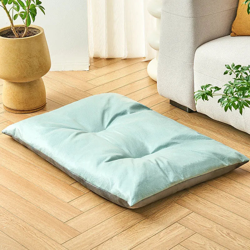 Blue and coffee coloured lightweight pet nest mat for cats and dogs, shown in four sizes S, M, L, and XL.