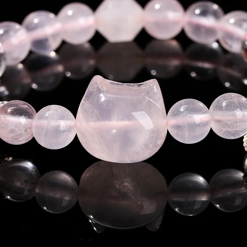 Handmade women's natural crystal bracelet with cat head design and geometric pattern