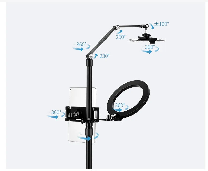 Black floor-standing mobile phone tablet holder with vertical folding rotation and fill light