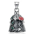 Titanium steel motorcycle riding lucky bell with double-sided epoxy rose design and polished finish in retro steel colour