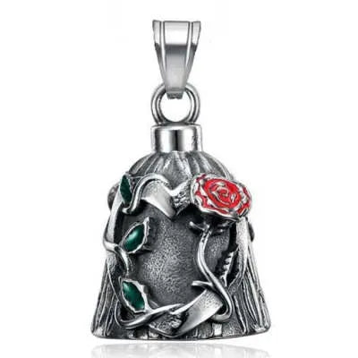 Titanium steel motorcycle riding lucky bell with double-sided epoxy rose design and polished finish in retro steel colour