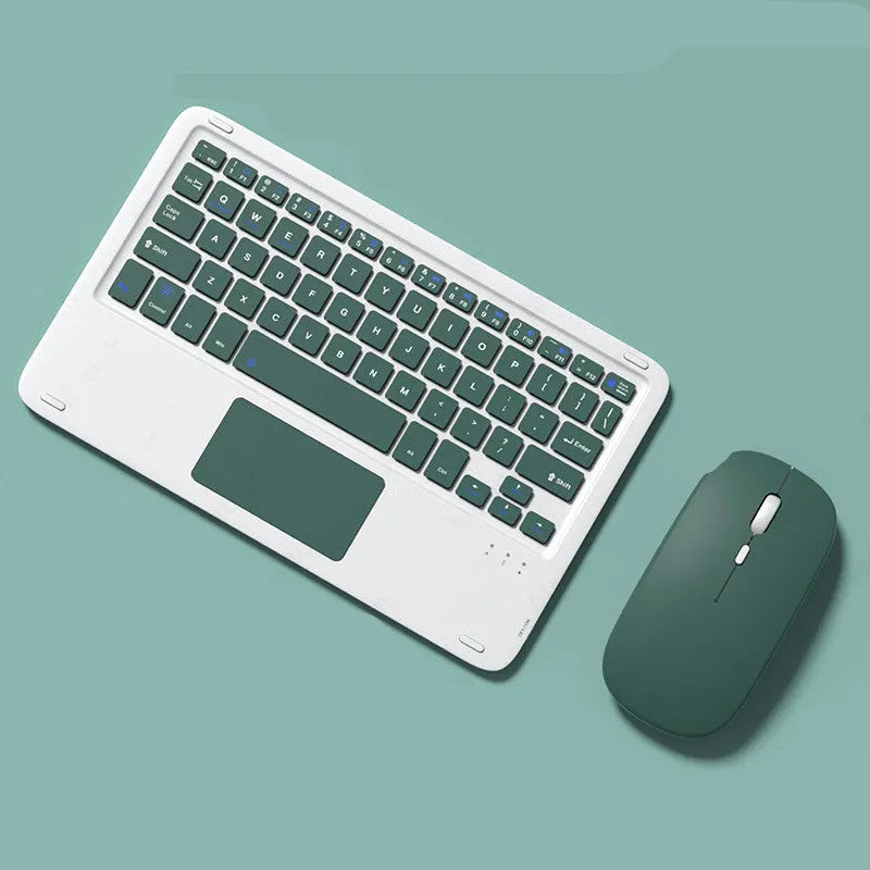 Pink mute wireless Bluetooth keyboard and rechargeable mouse bundle on a desk with charging cable