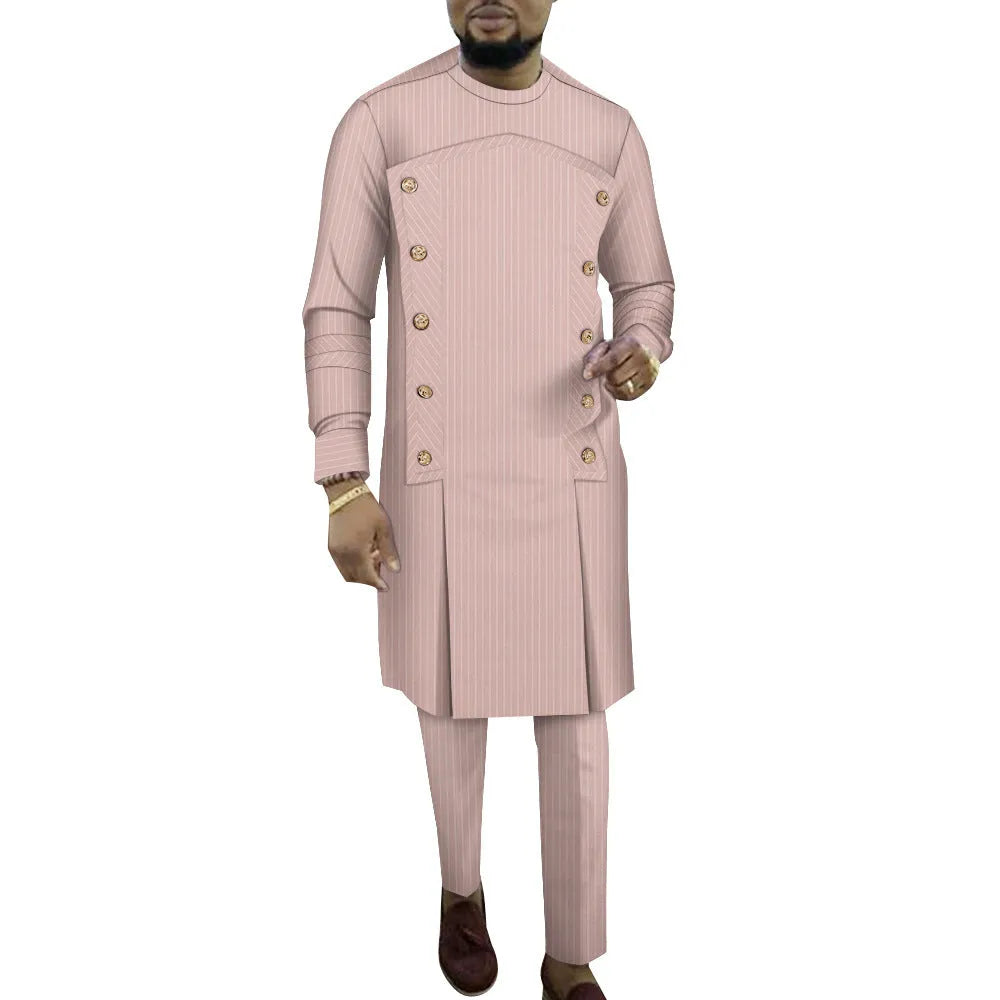 Men's striped cotton African two-piece robe set showing long sleeve top and matching trousers