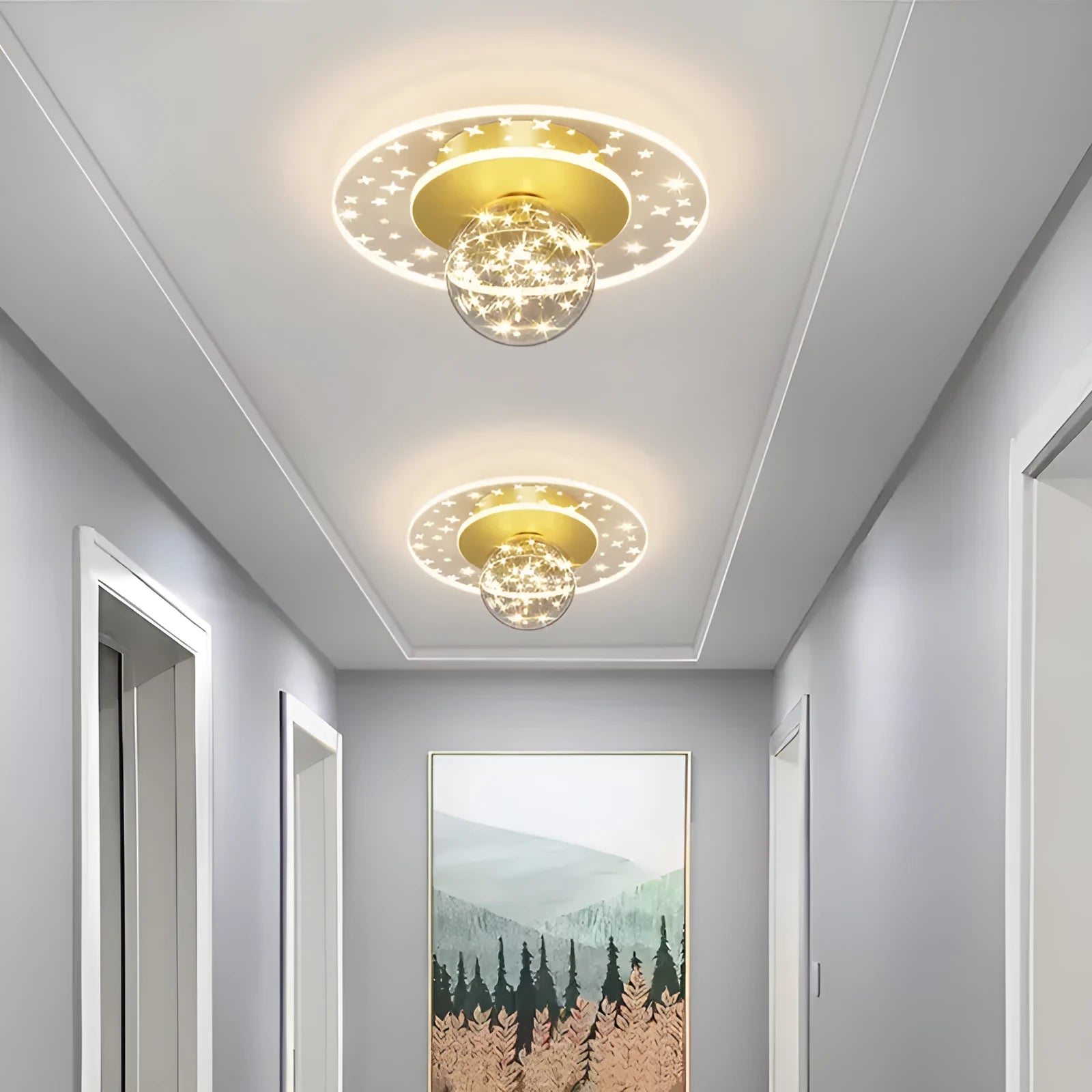 Modern ceiling lamp for corridor or hallway with LED light source in black, gold or white finish