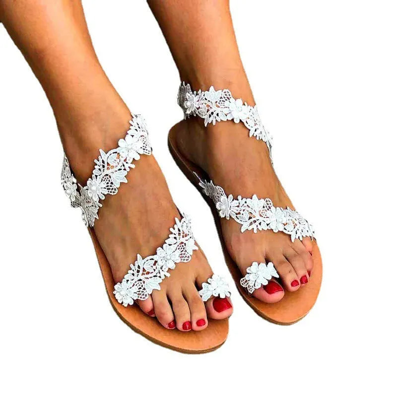 White rhinestone flower plus size women's flat shoes with round toe and low-cut back