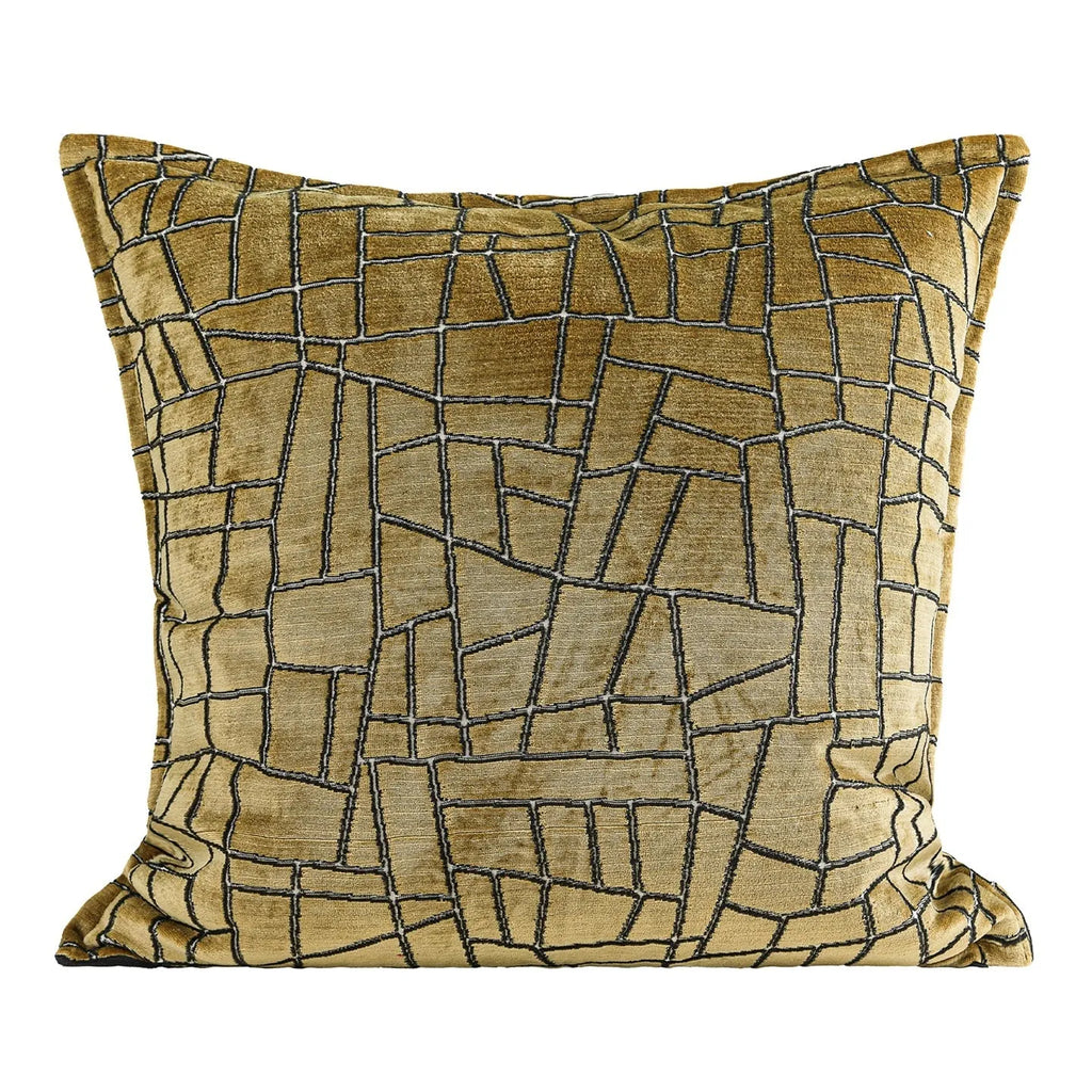 Tuhao gold geometric abstract pillow in 50x50cm size with feather velvet texture on a sofa