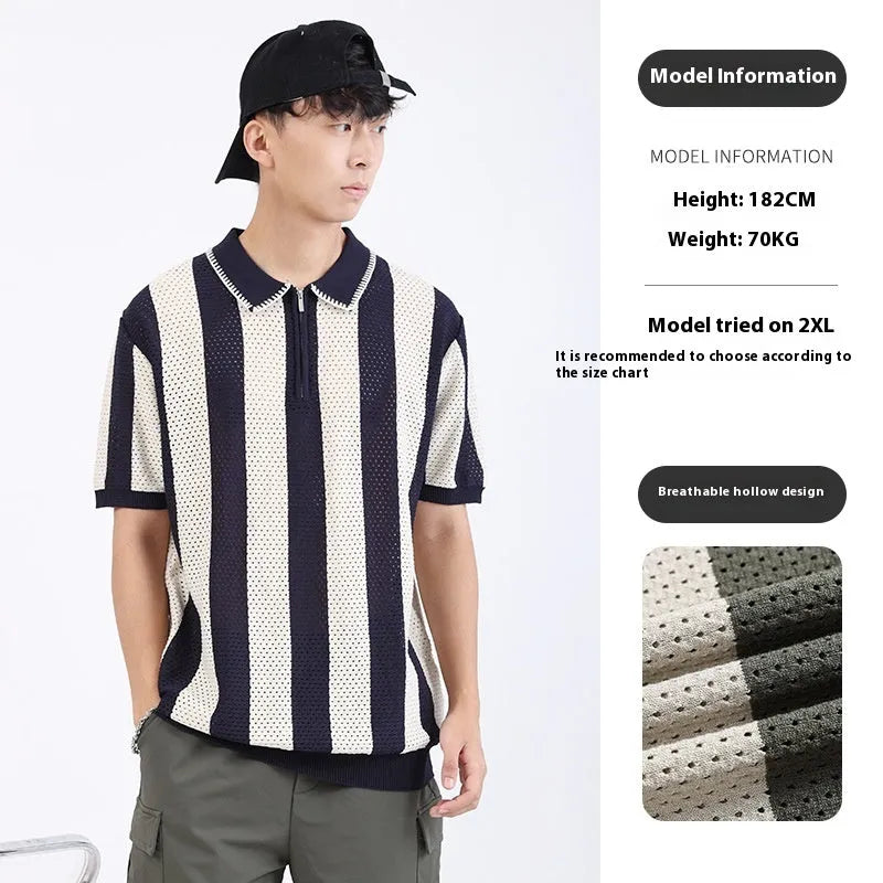 Men's ice silk short sleeve sweater with striped pattern and zipper decoration in viscose fabric