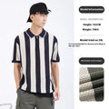 Men's ice silk short sleeve sweater with striped pattern and zipper decoration in viscose fabric