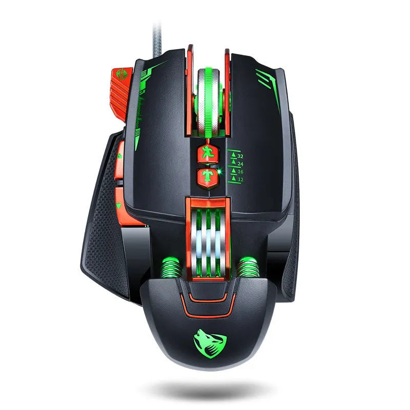 Black Thunder Wolf V9 wired gaming mouse with six buttons on a desk next to a keyboard.