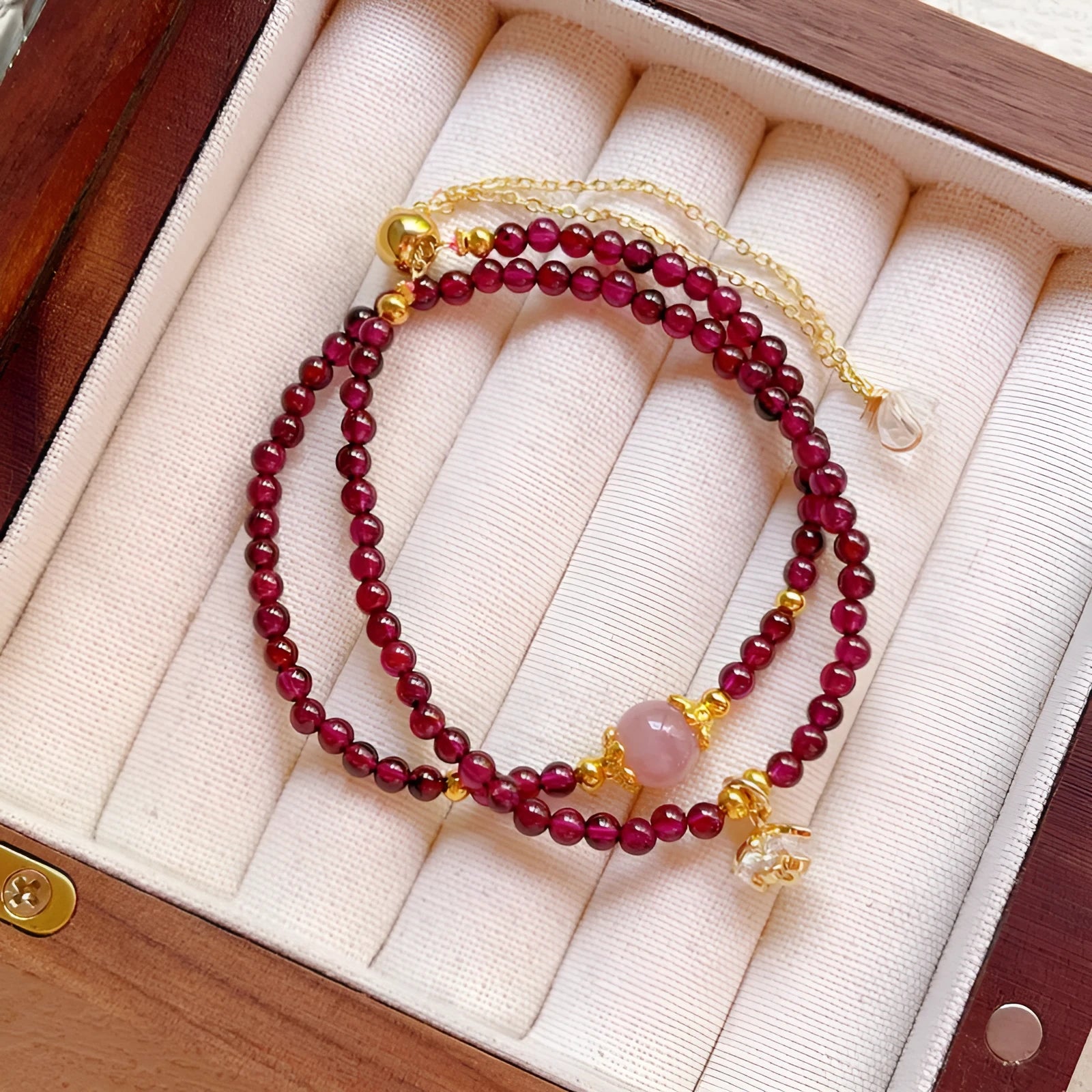 Women's handmade natural garnet double ring bracelet in H311 colour