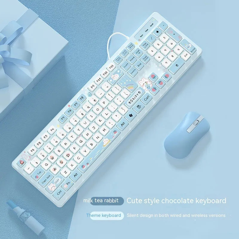 Milk tea rabbit cute chocolate keyboard in strawberry powder, ice blue, purple, green, or Iris tectorum Blue, wired or wireless.