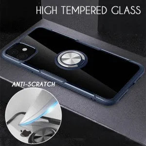 iPhone case with built-in car holder arm in navy blue, showing PU material and lightweight 50g design for protection.