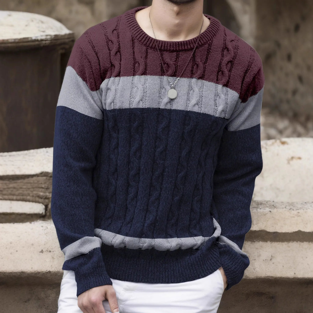 Men's colour-block crew neck pullover sweater in blue red, grey white, or blue white multicolour, loose fit, sizes S-XXL