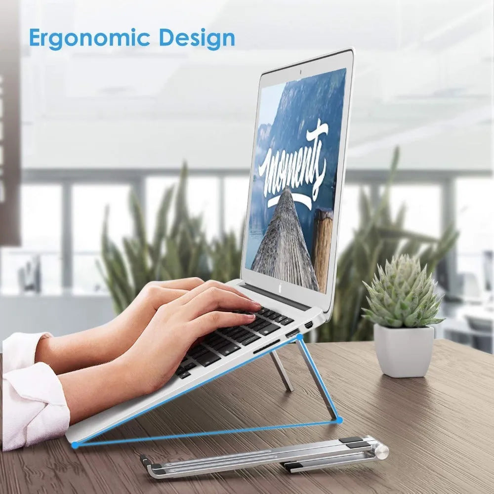 Aluminium notebook stand for laptop computers in black colour on desk