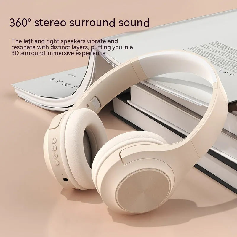Wireless Bluetooth headset with creative design in ivory white colour, showing head-mounted wearing style