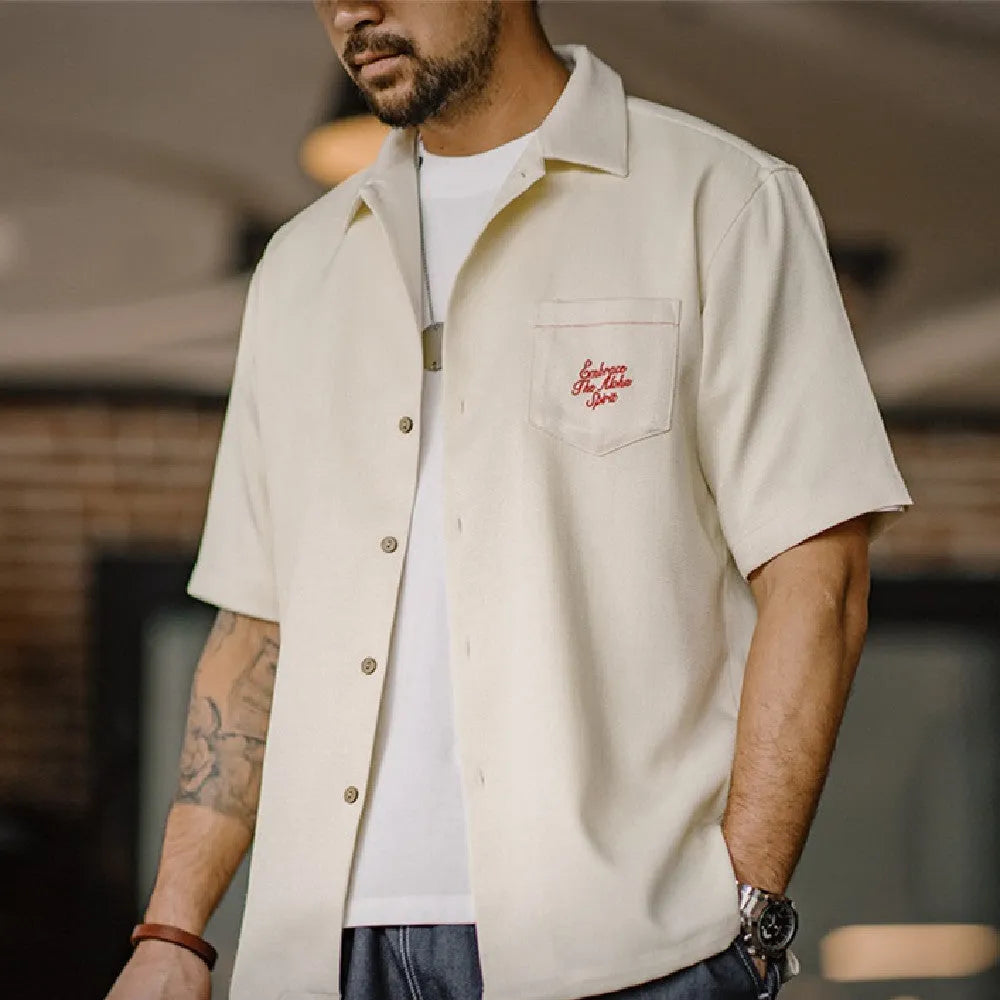 Bamboo pattern Cuban collar shirt for men in light apricot colour with plant and flower design
