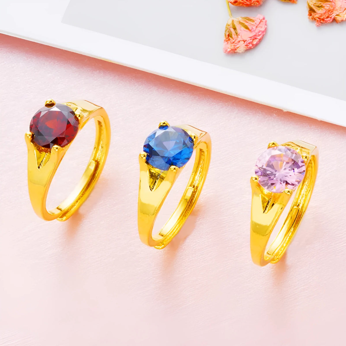 Women's adjustable Vietnam placer gold zircon ring in six colour variations on finger