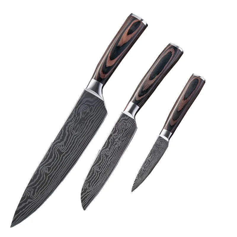 Professional kitchen knife with laser Damascus pattern on 7CR17 stainless steel blade, colour steel handle