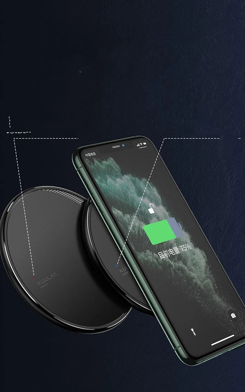 Black Kuulaa wireless charging disc for mobile phones with LED indicator and Micro USB port