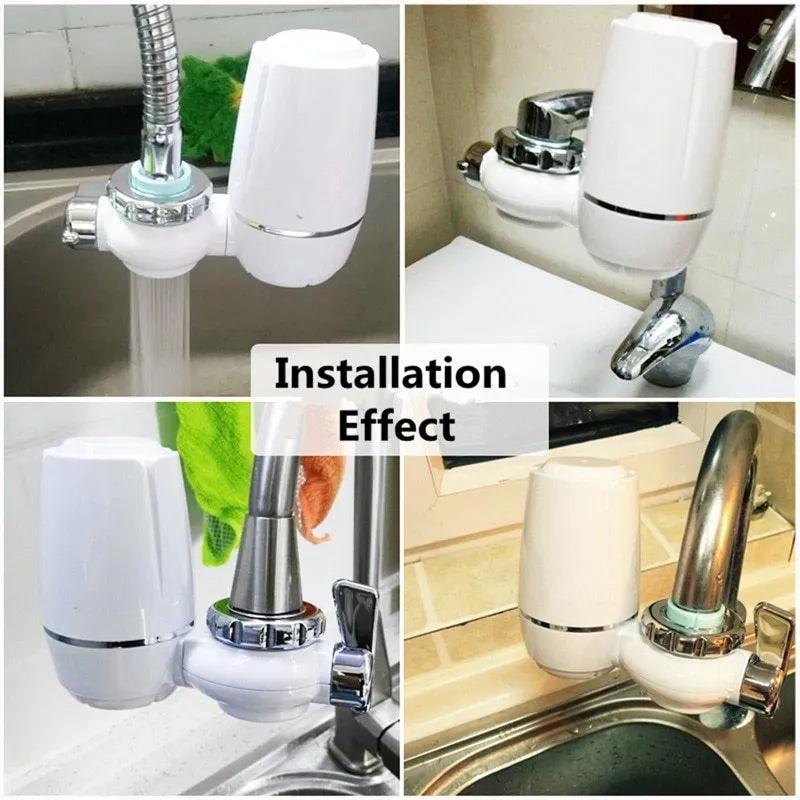 White faucet water purifier with ceramic filter and adapters for kitchen tap installation