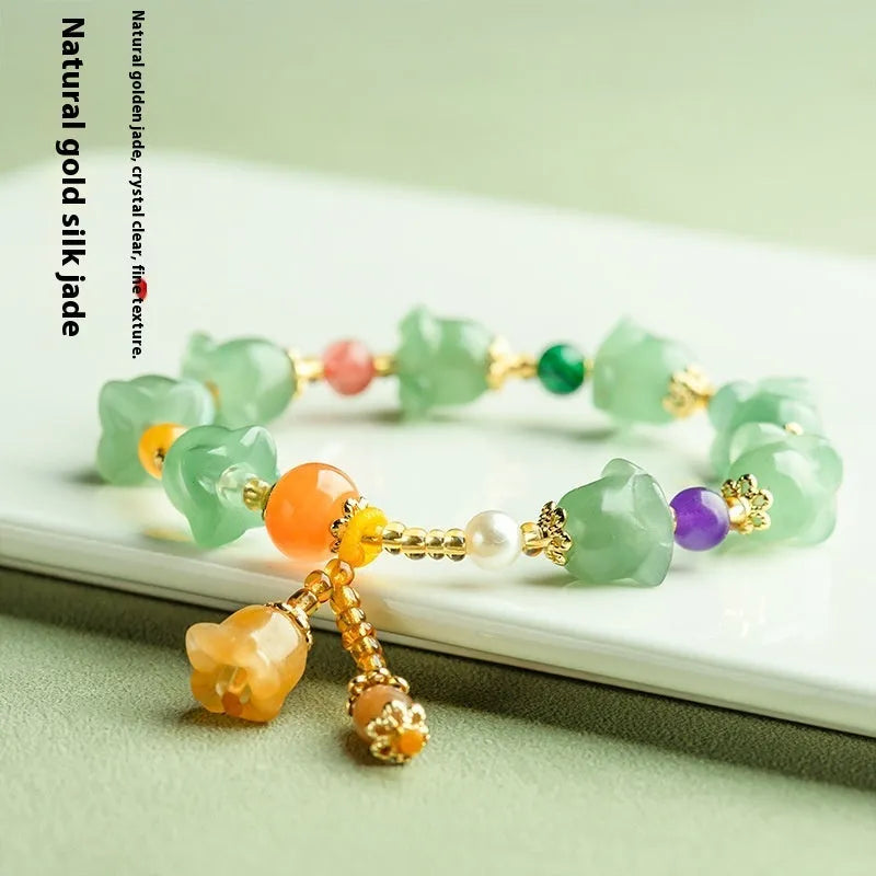 Natural Xinjiang Jinsi Jade aventurine orchid bracelet with carved orchid beads for women's wrists 14-18cm