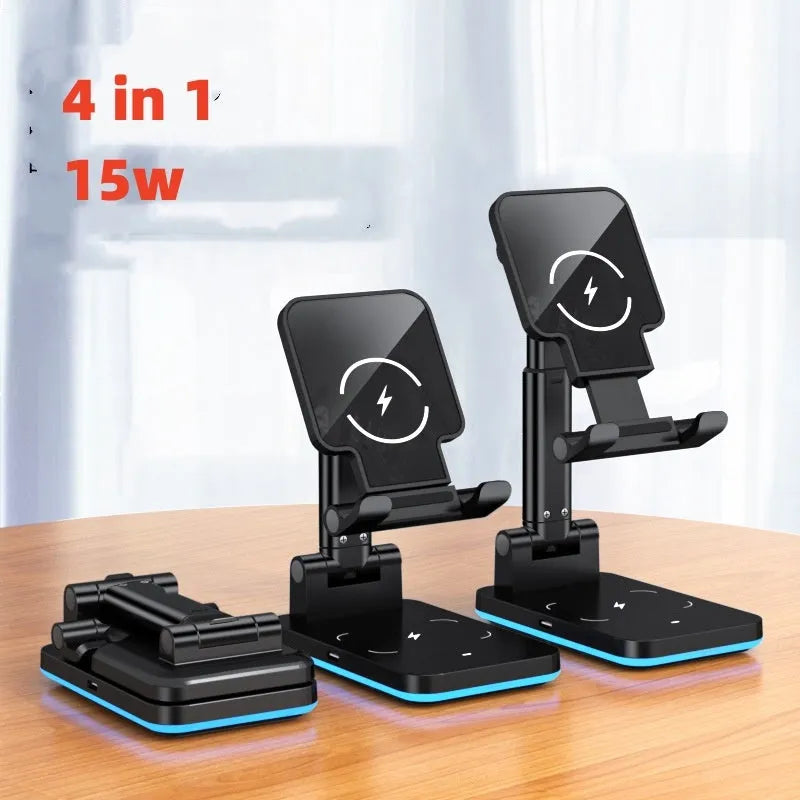 Black wireless charging phone stand on desk holding mobile device at adjustable angle