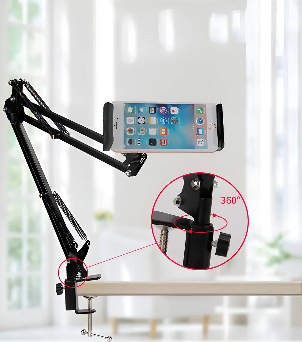 Black adjustable phone and tablet stand on a desk, measuring 10cm in height.