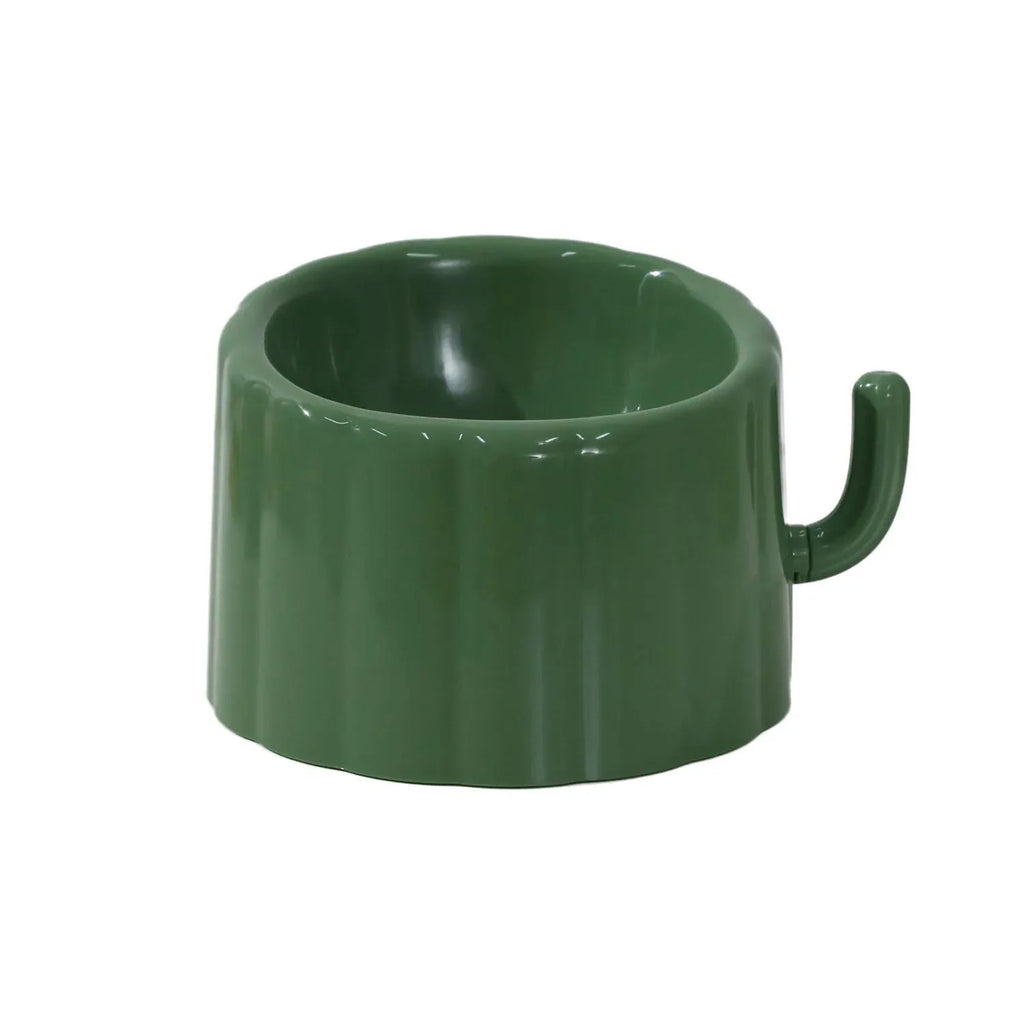 Solid colour ceramic cat bowl with cactus design, showing anti-slip base and large mouth opening.