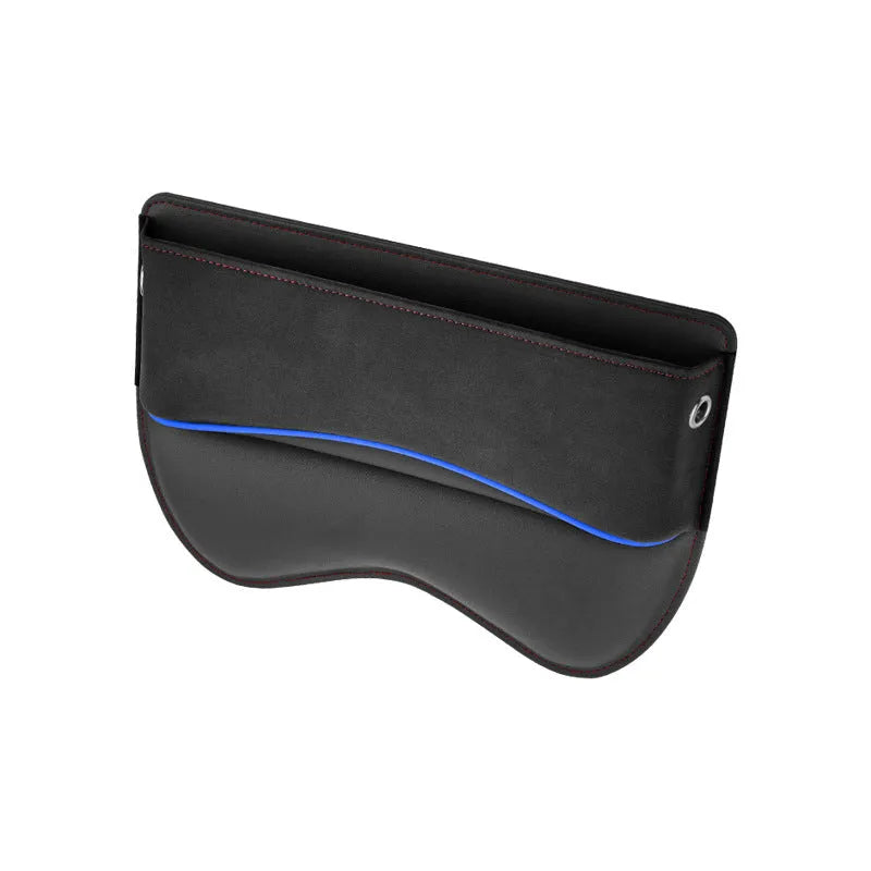 Leather car seat storage box in beige suede colour between vehicle seats