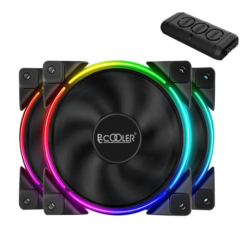 Three 120 mm black RGB PC cooling fans with hydraulic bearings, showing fan blades and frame.