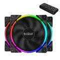 Three black 120mm RGB PC cooling fans with hydraulic bearings showing dimensions and lighting effects
