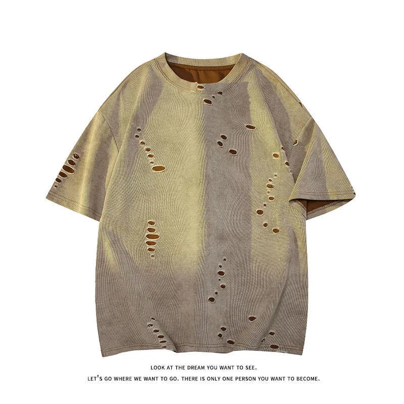 Men's grey cotton blend loose fit short sleeve t-shirt on hanger