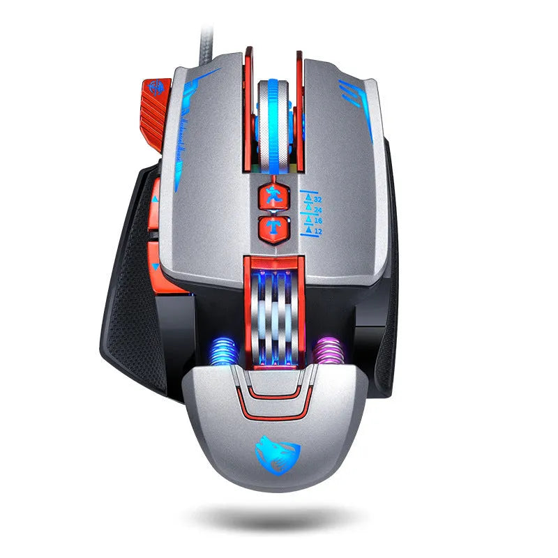 Black Thunder Wolf V9 wired gaming mouse with six buttons on a desk next to a keyboard.