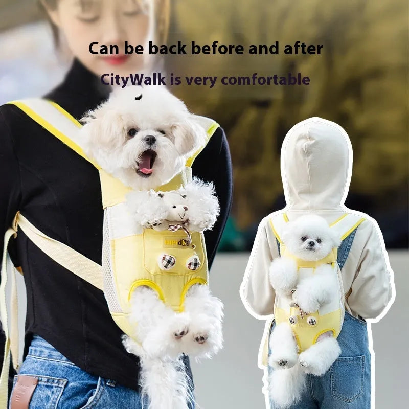 Cartoon cute chest bag portable pet carrier with animal pattern and colourful stitching on soft canvas material