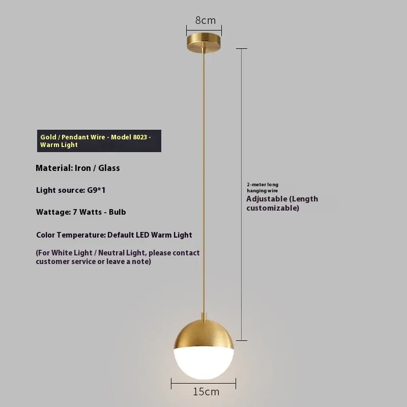 Nordic iron and glass ceiling light with 15cm gold hanging wire, 220V, for bedroom or bedside