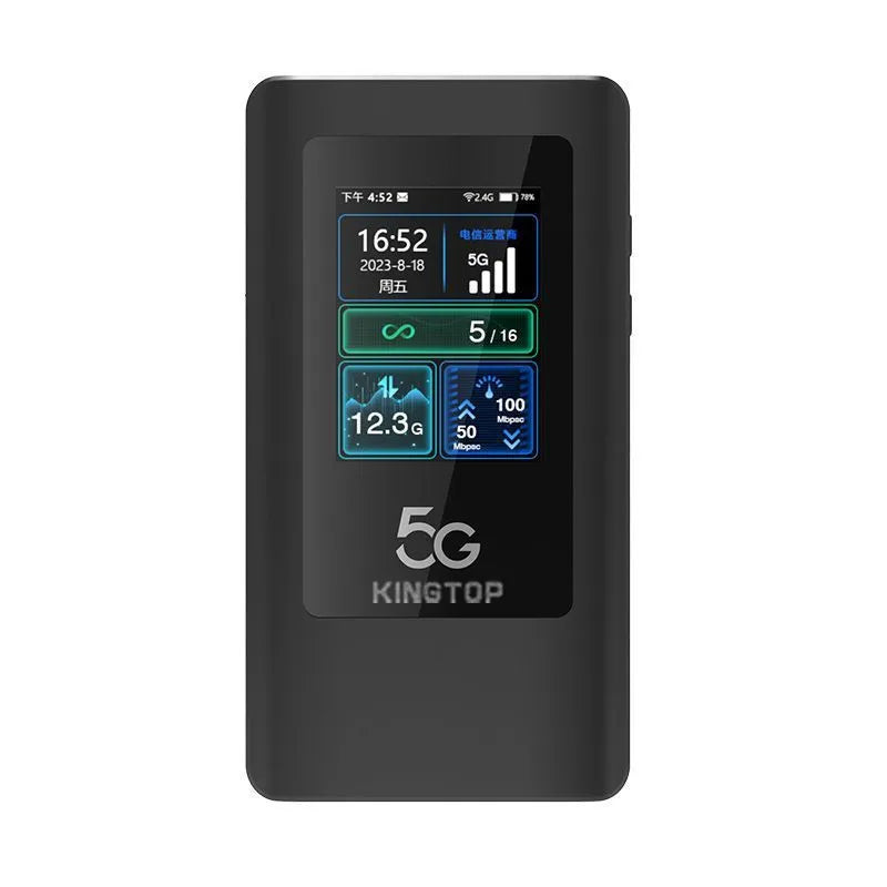 Black portable 5G Wi-Fi router showing LCD display, TYPE-C port, and compact 125x70x17mm dimensions
