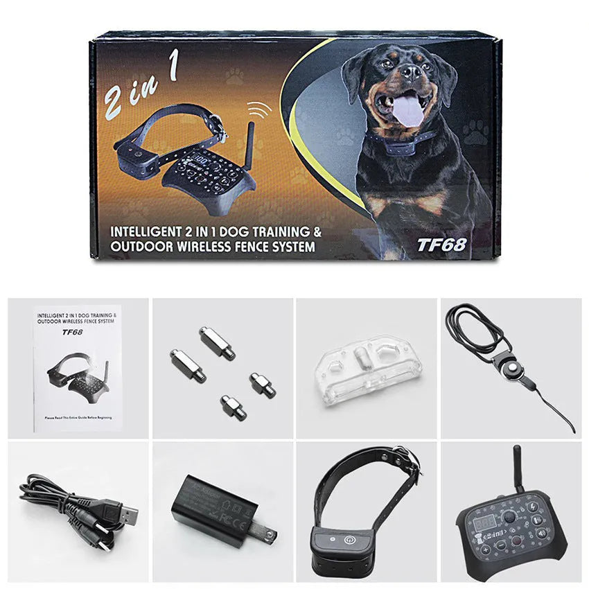 Automatic remote dog trainer and wireless fence with transmitter, digital display, and adjustable static shock controls