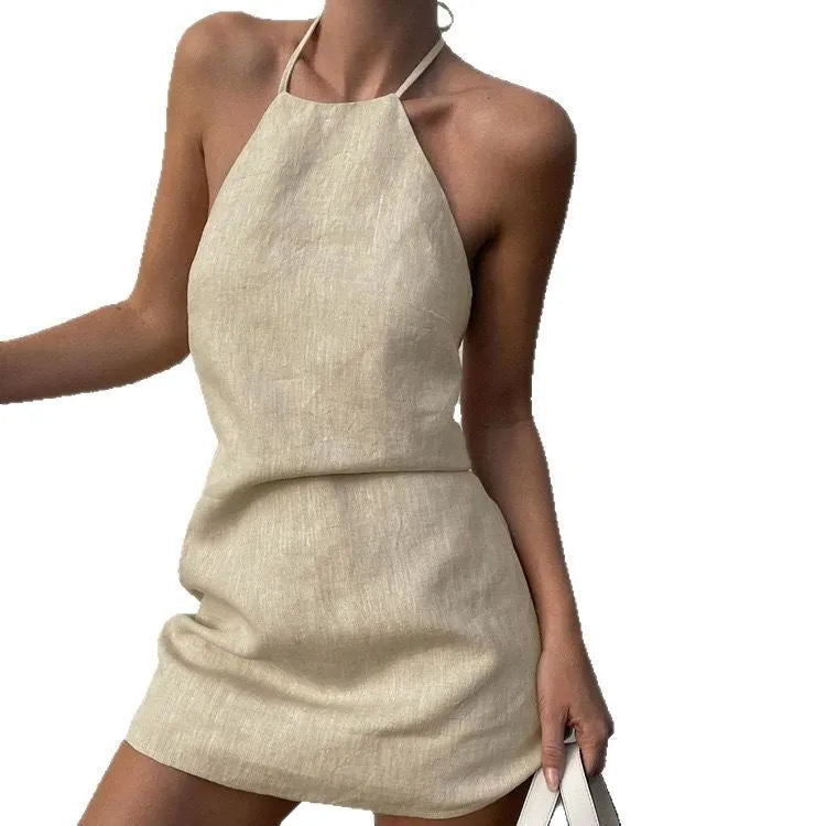 Women's solid colour linen A-line dress for summer in midi length