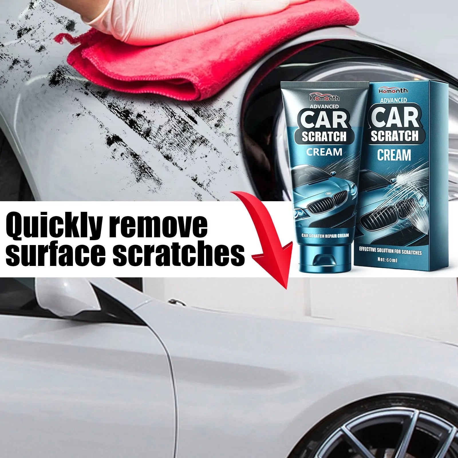 Car scratch repair cream tube and sponge for automotive paint renovation