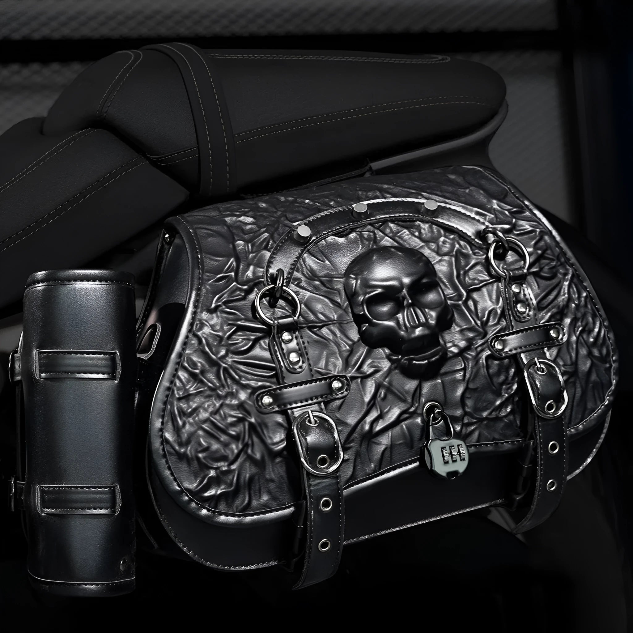 A pair of black PU motorcycle side bags with mounting hardware for luggage storage.