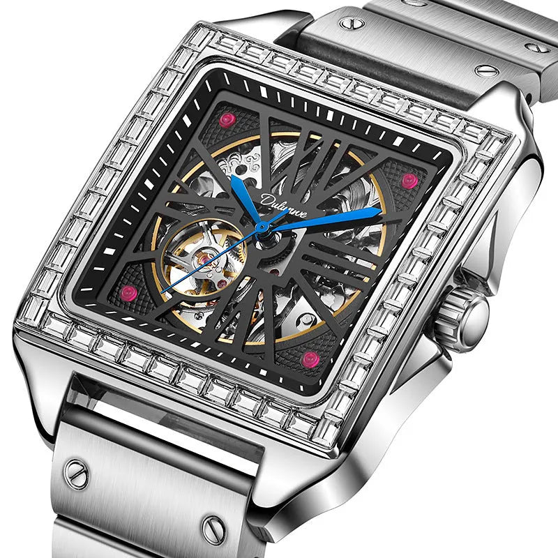 Men's automatic watch with square diamond-studded face and 6066A stainless steel or leather belt in black or white