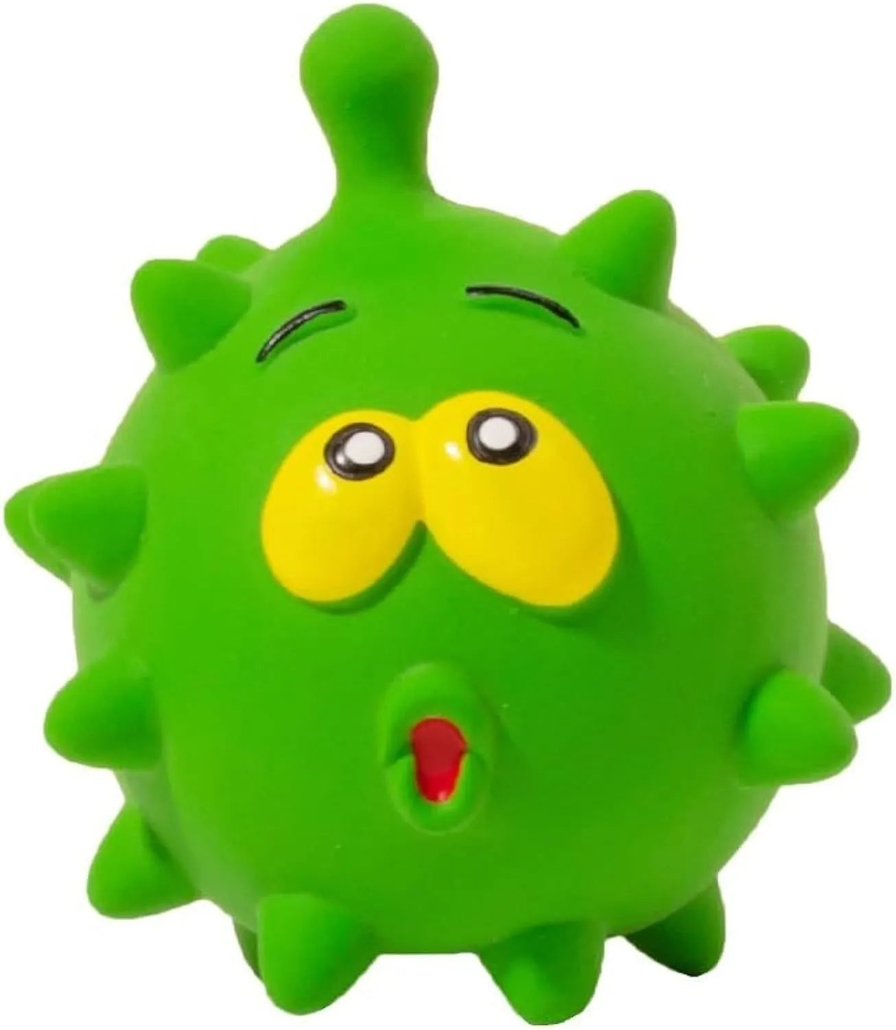 Four colourful squeaky dog balls with cute faces, showing textured surface for dental cleaning, natural latex construction