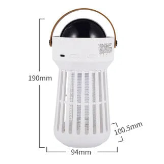 White electric mosquito killer lamp with star projection feature and a folding handle on a table.