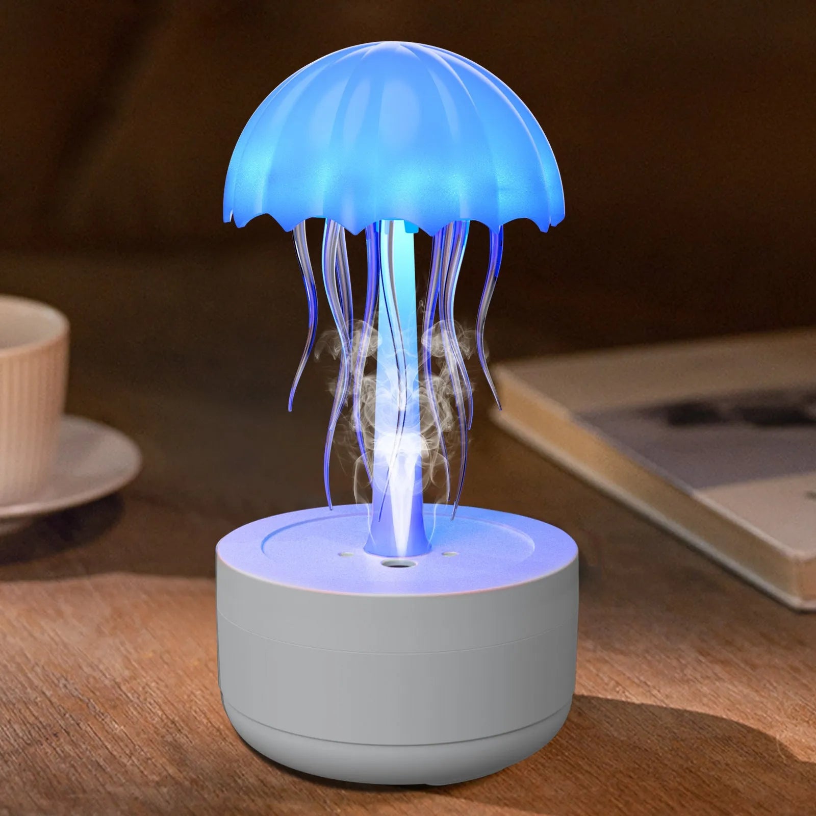 White jellyfish humidifier diffuser with 300ml capacity and 7-colour night light on desktop