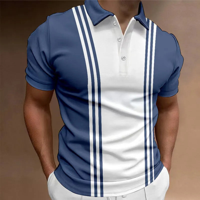 Men's loose fit casual t-shirt with 3-button printing lapel design in polyester fabric