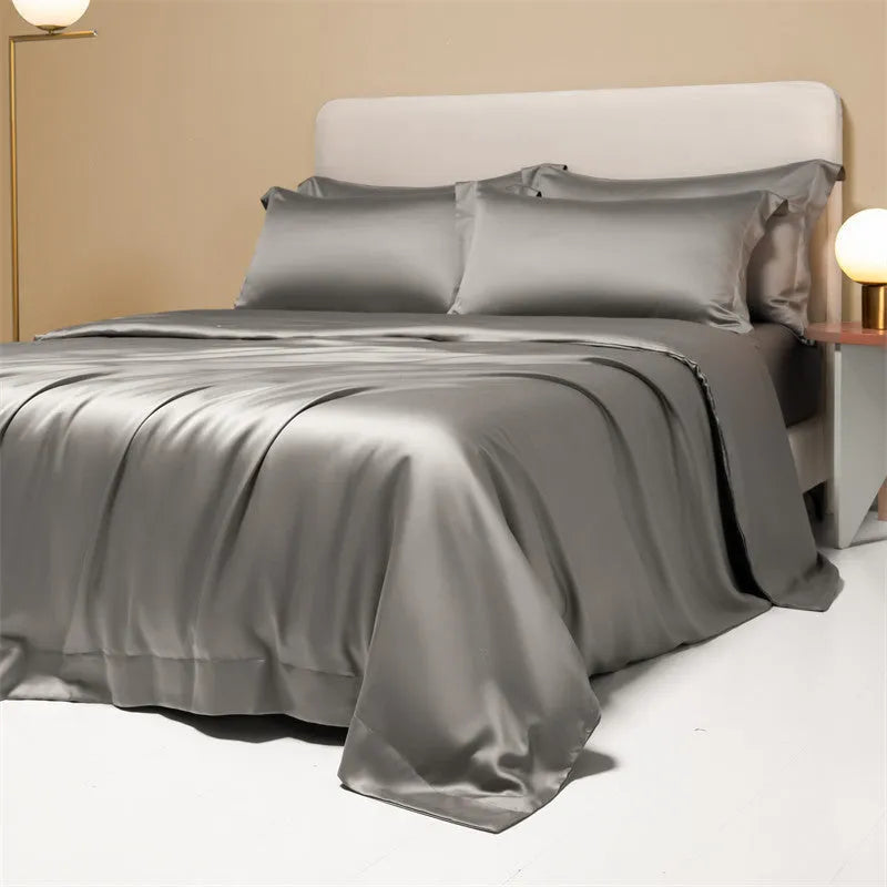 200 thread count Lenzing Tencel quilt sheets in Aurora Blue colour on a UK double bed