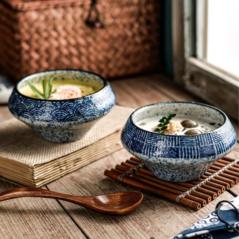 Ceramic tall soup bowl with underglaze pattern, 14cm height, 500ml capacity